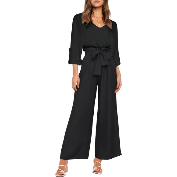 Tops - Women's 2 Piece Set Crop Pants V Neck Tops High Waisted Paper Bag Pants Casual